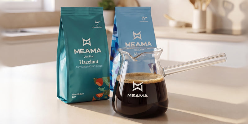 Jezve set: two bags of ground coffee and a glass jezve